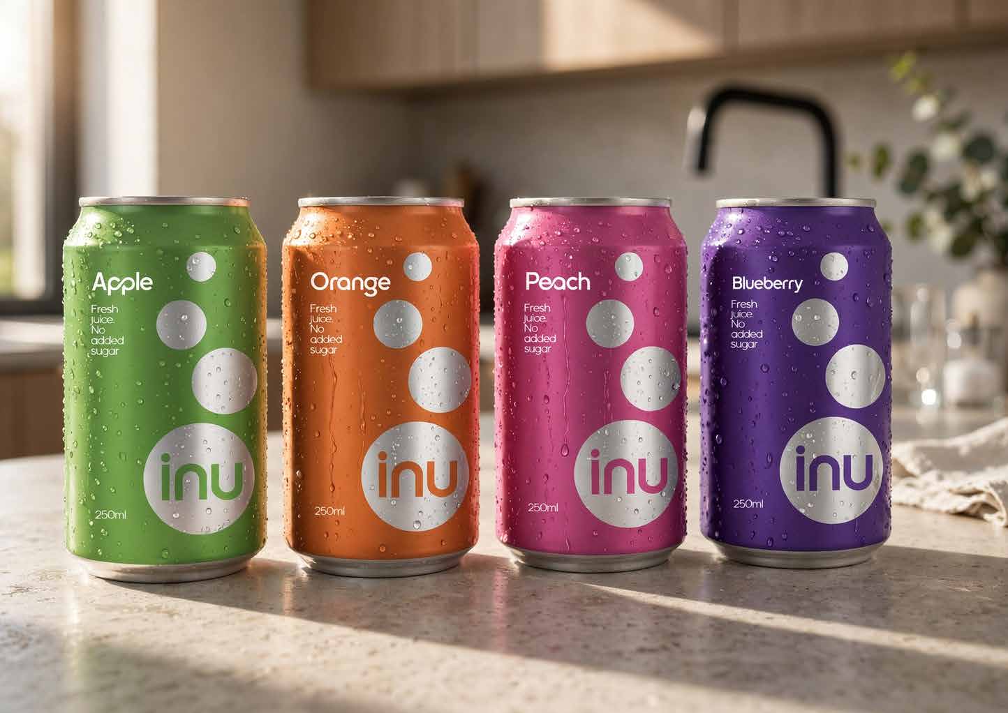 A range of inu cans in apple, orange, peach and blueberry on a kitchen bench