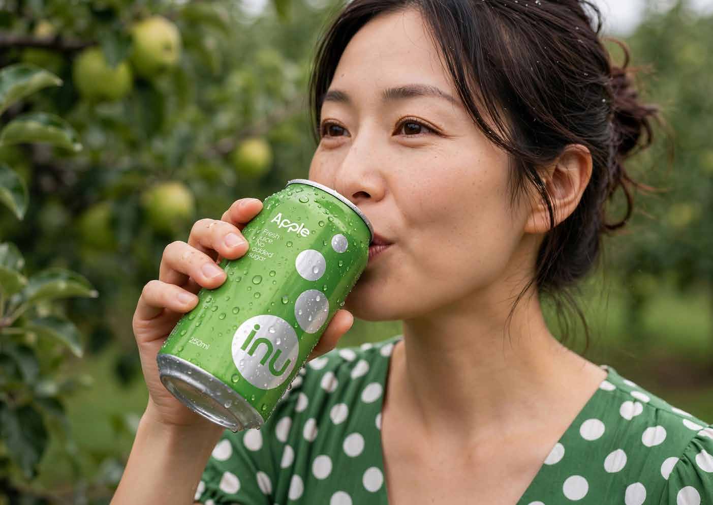 Concept render of a woman drinking from an apple inu can
