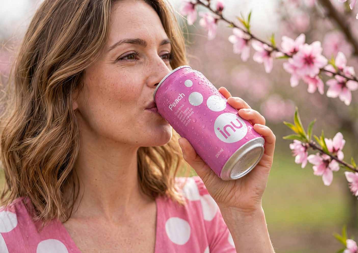 Concept render of a woman drinking from a peach inu can